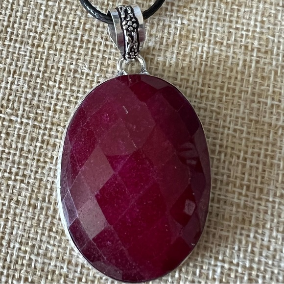 Enhanced Faceted Ruby Silver Overlay Pendant Necklace w Cord - Picture 7 of 7